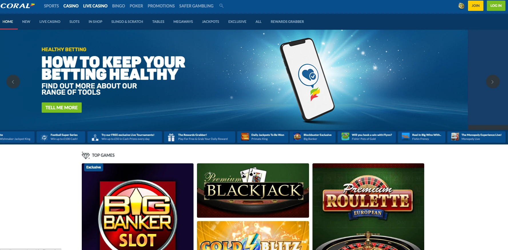 Coral Casino website interface.