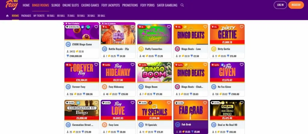 Foxy Bingo Casino Website Interface.