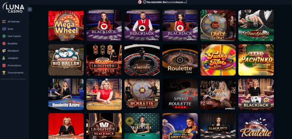 Luna Casino Website Interface with Games Variants.