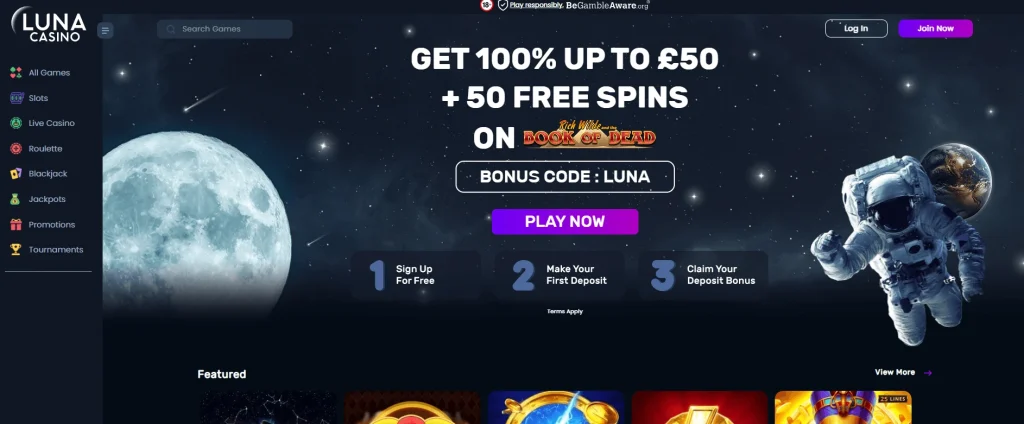 Luna Casino Website Page with Bonus.