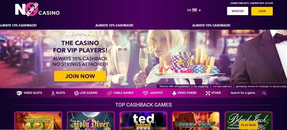 No Bonus Casino website interface.