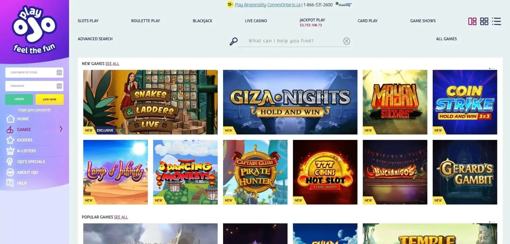 PlayOJO Casino website interface.