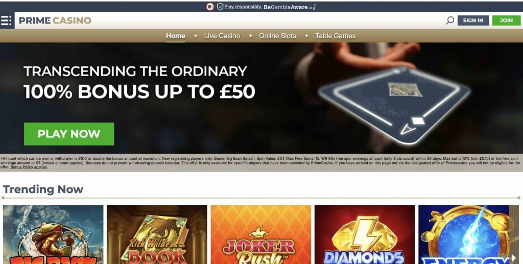 Prime Casino Website Interface.