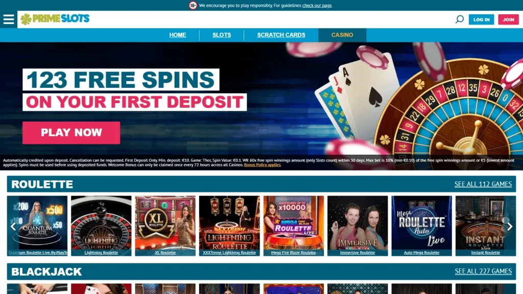 Prime Slots Casino Website Interface.