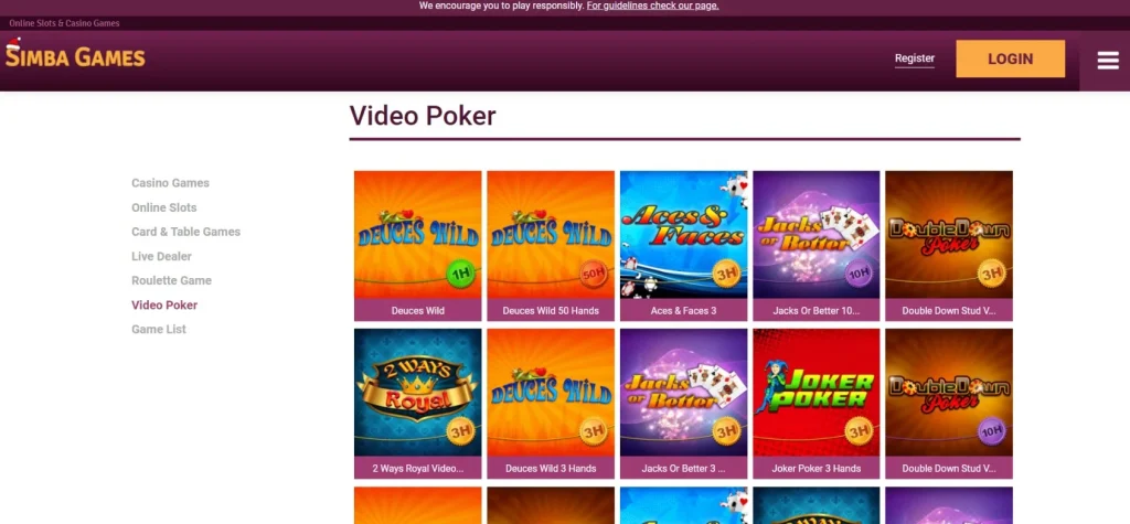 Simba Games Casino Interface and games variants.