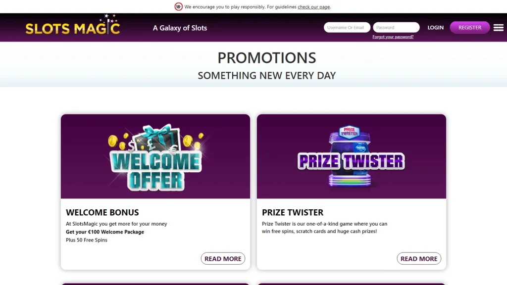 Slots Magic Casino Website Promotions page.