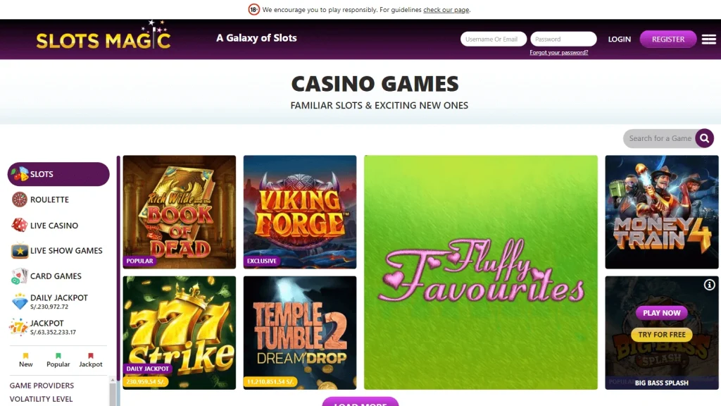 Slots Magic Casino website interface.