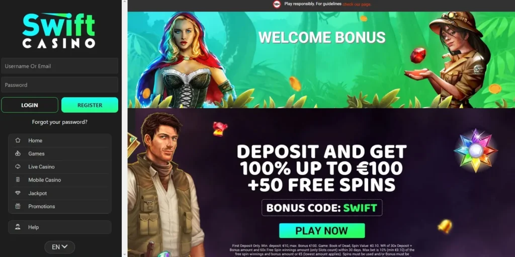 Swift Casino website interface.