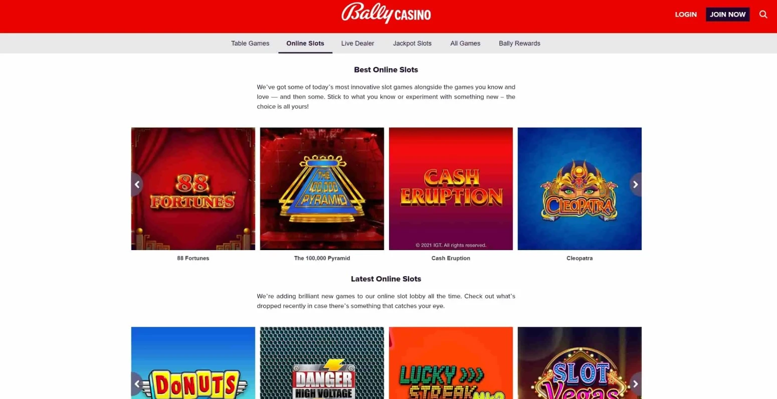 Bally Casino website page interface and games.