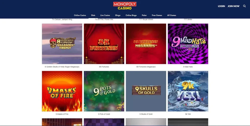 Monopoly Casino Website Interface.