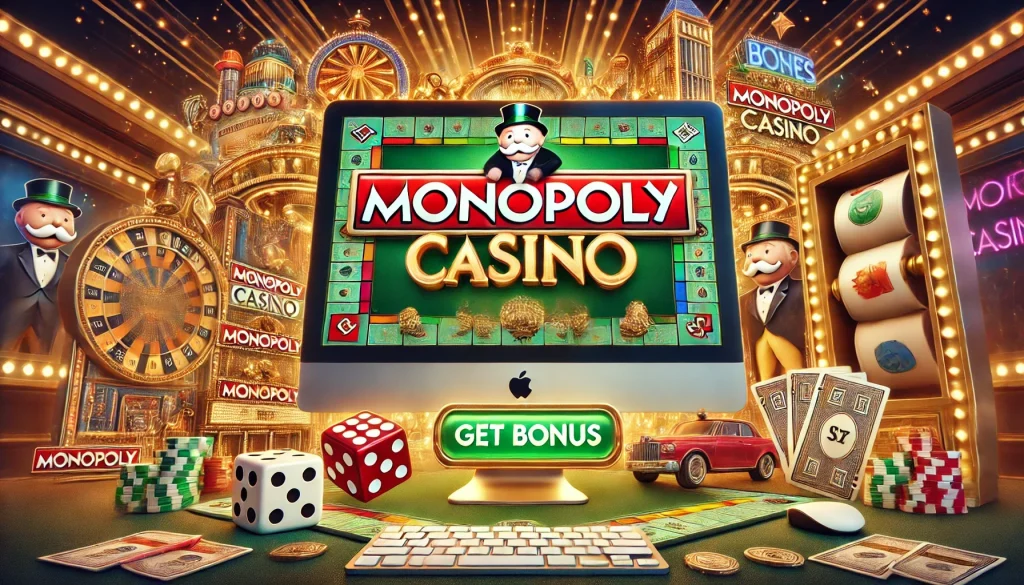 Monopoly Casino banner with get bonus.