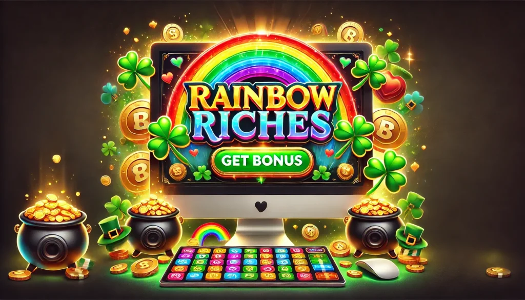 Rainbow Riches Casino Banner Get Bonus.