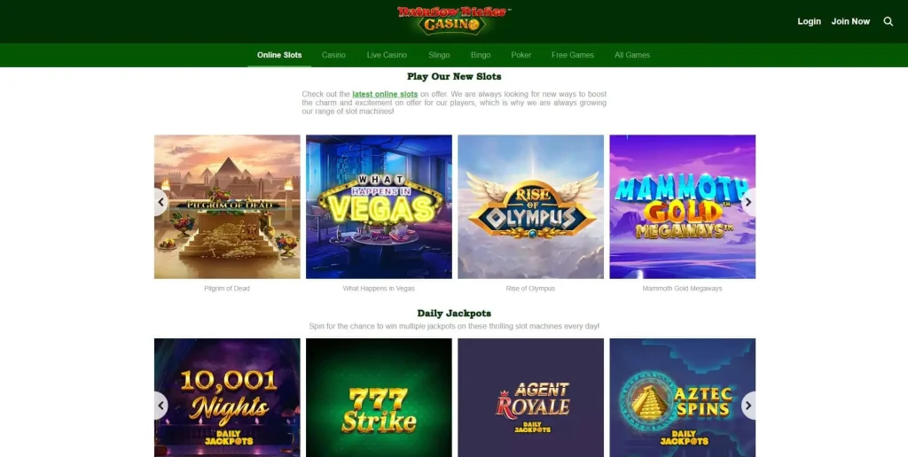 Rainbow Riches Casino Website Interface.