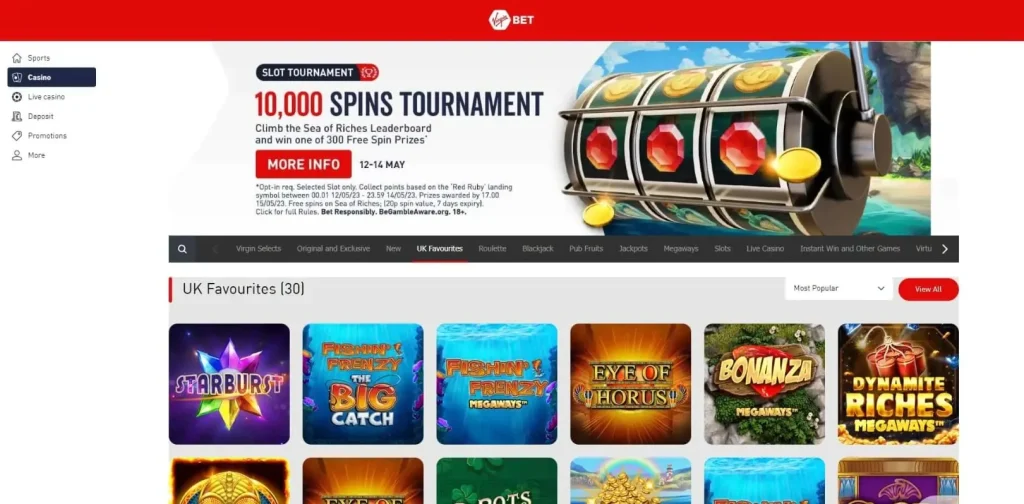 Virgin Bet Casino Website interface.